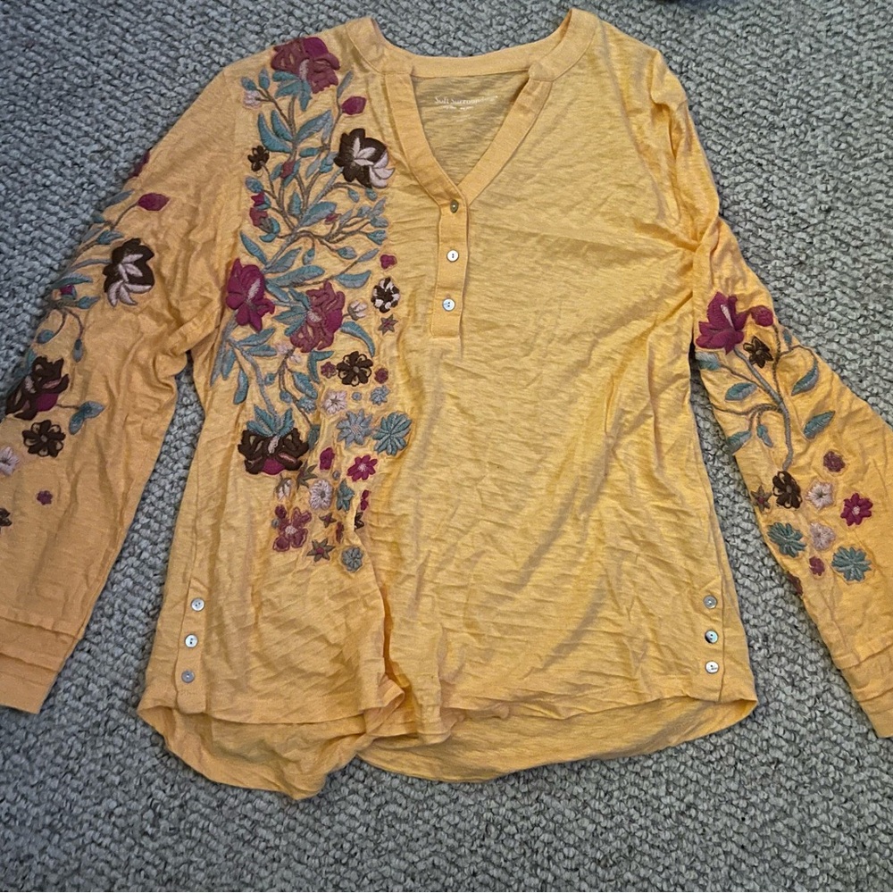 Soft Surroundings Yellow Floral Embroidered Blouse